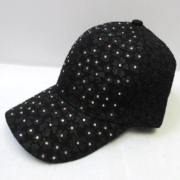 Sparkle Black Floral Lace Baseball Hat Cap Iridescent Rhinestone Studded - Picture 4 of 4